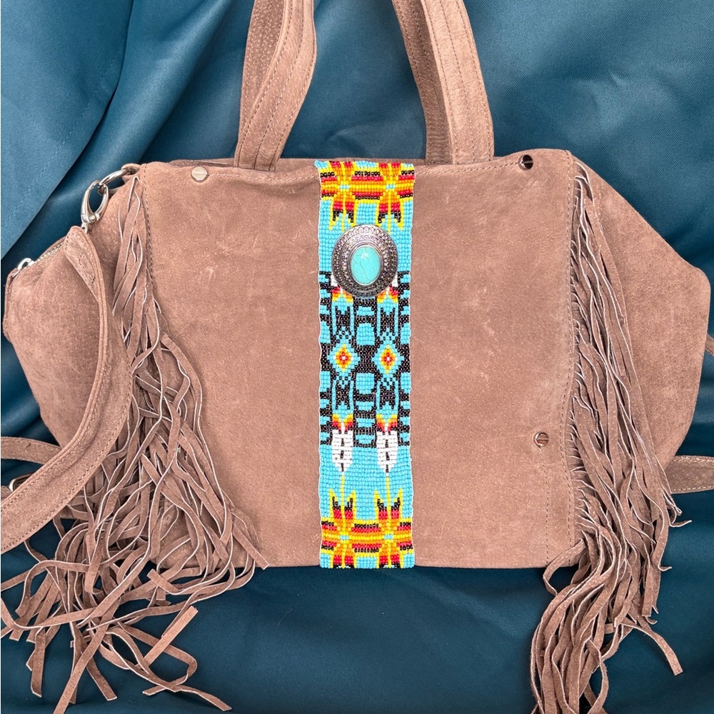 Fringe Suede Shoulder Bag with Turquoise Beaded Accent - Taupe